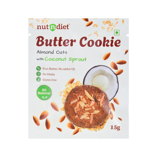 nutndiet® Almond Oats Butter Cookie - World’s First Coconut Sprout Cookie - 100% Natural | Clean - label | Gluten - Free | 2g Protein per Cookie | Kid - Approved | Parent Trusted | 1 Box of 15g x 10 Packs - nutndiet