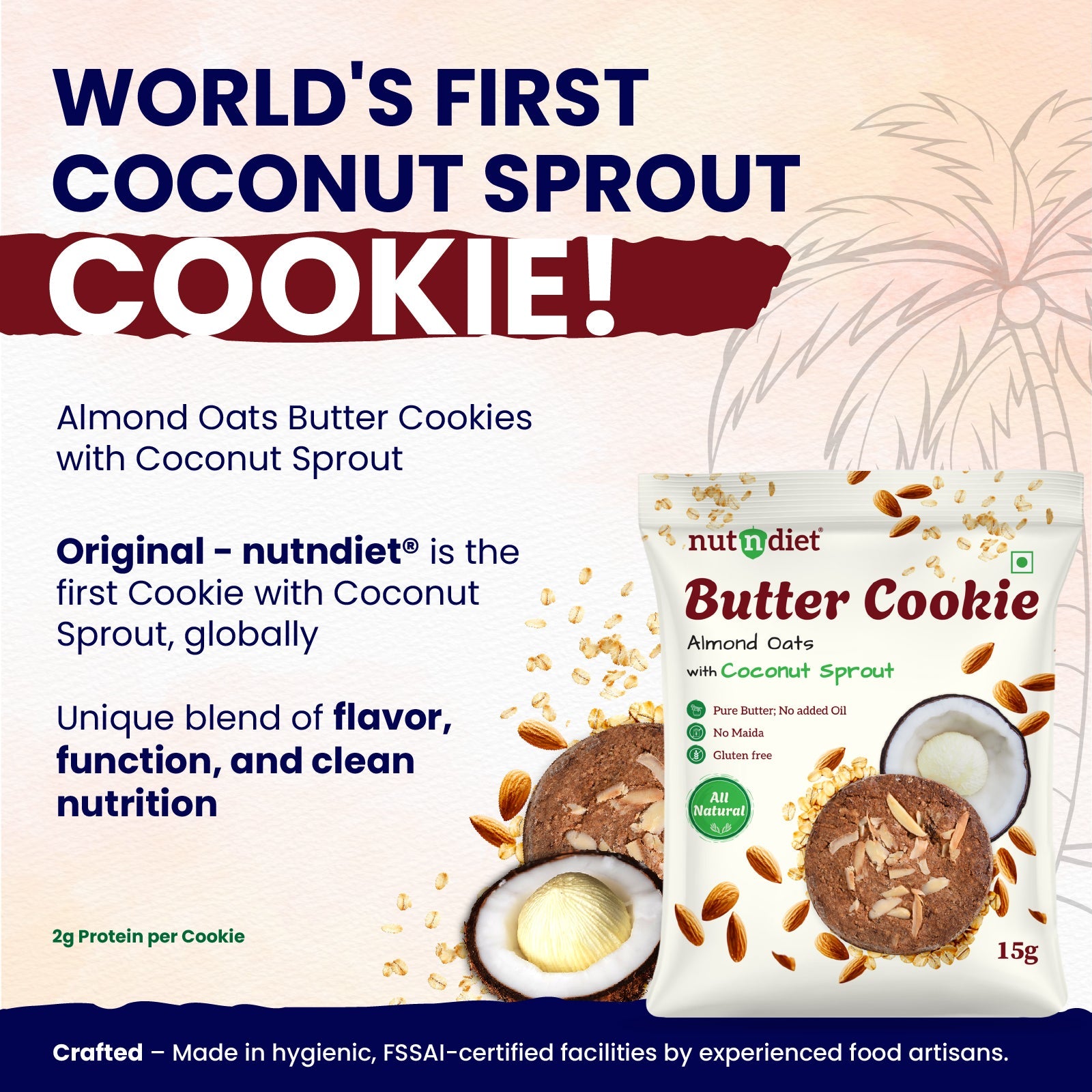 nutndiet® Almond Oats Butter Cookie - World’s First Coconut Sprout Cookie - 100% Natural | Clean - label | Gluten - Free | 2g Protein per Cookie | Kid - Approved | Parent Trusted | 1 Box of 15g x 10 Packs - nutndiet