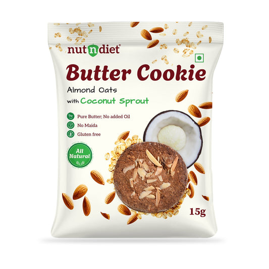 nutndiet® Almond Oats Butter Cookies - World’s First Coconut Sprout Cookie - 100% Natural | Clean - label | Gluten - Free | 2g Protein per Cookie | Kid - Approved | Parent Trusted | 1 Box of 15g x 10 Packs - nutndiet