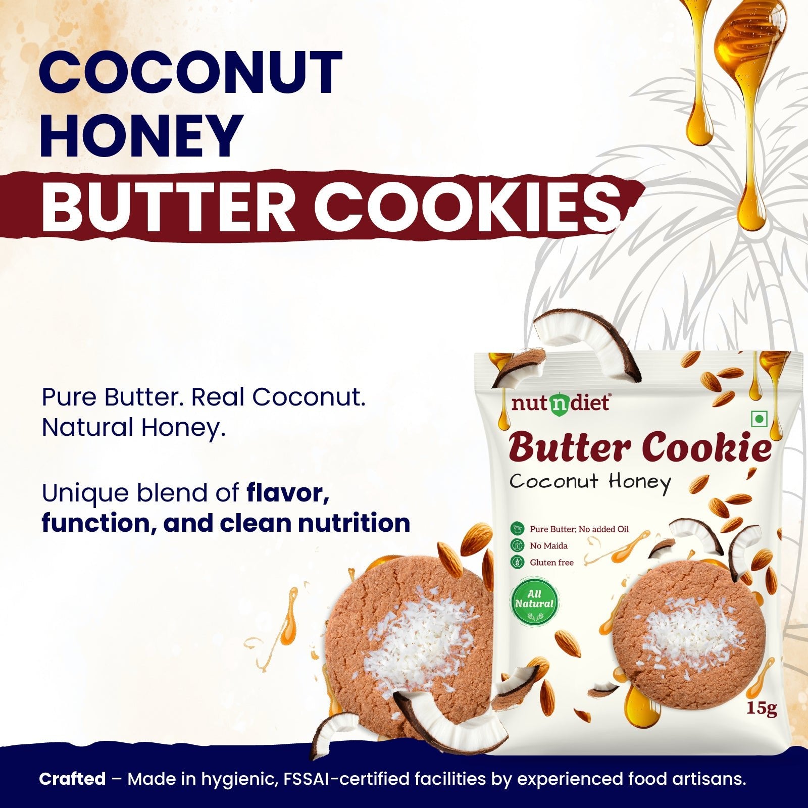 nutndiet® Coconut Honey Butter Cookie - 100% Natural | Clean - label | Gluten - Free | Kid - Approved | Parent Trusted | 1 Box of 15g x 10 Packs - nutndiet