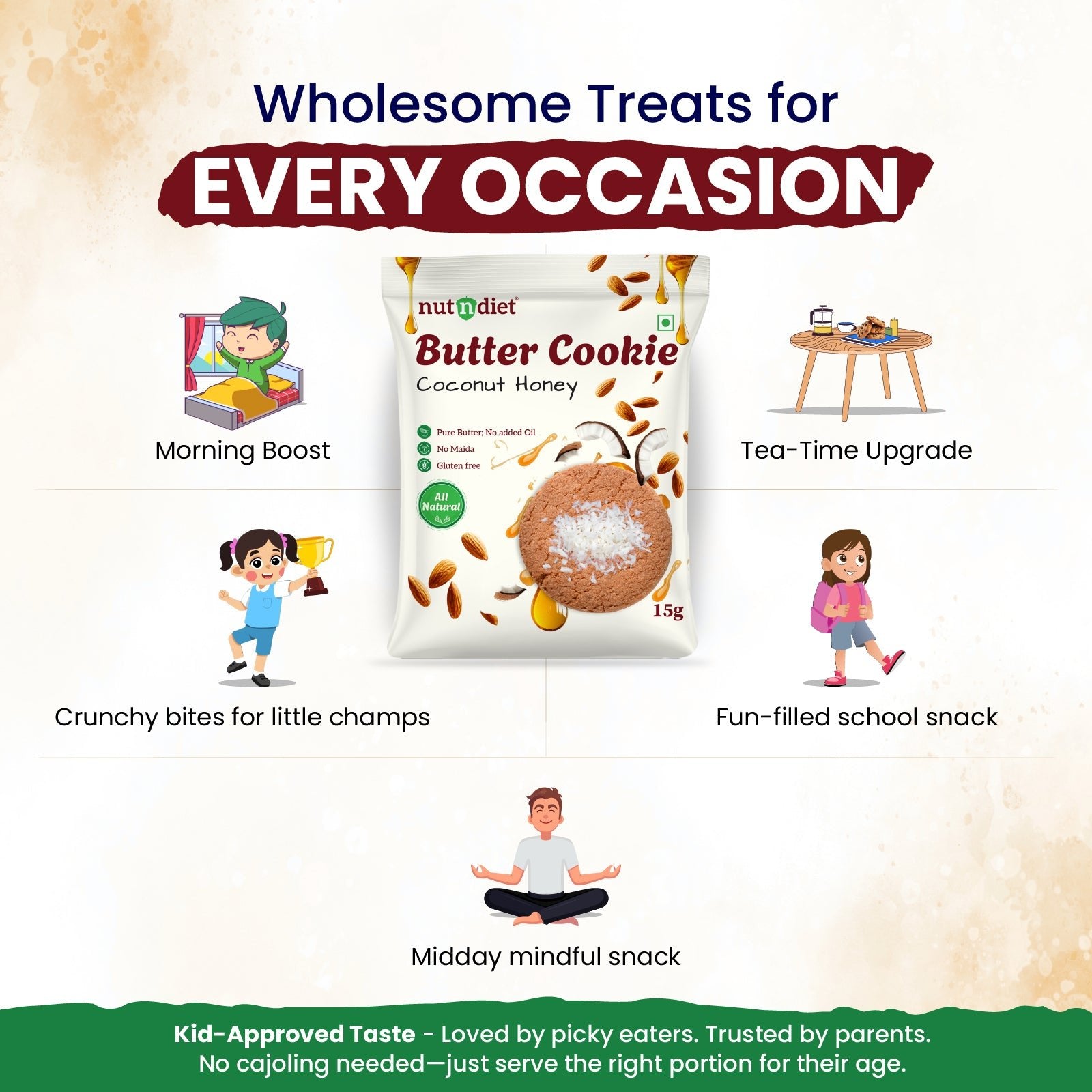 nutndiet® Coconut Honey Butter Cookie - 100% Natural | Clean - label | Gluten - Free | Kid - Approved | Parent Trusted | 1 Box of 15g x 10 Packs - nutndiet