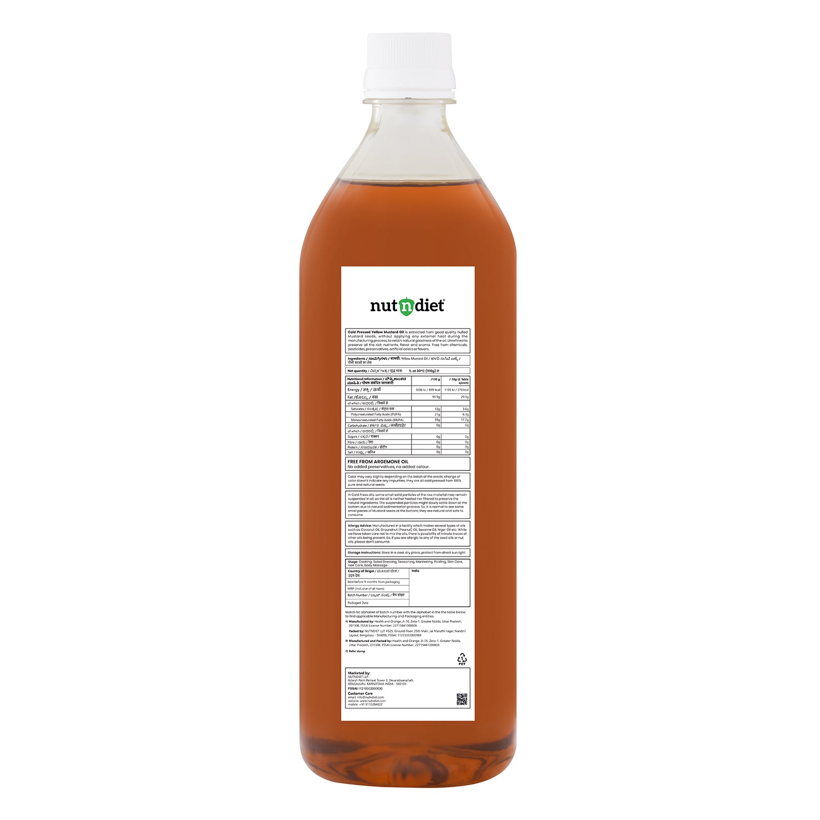 nutndiet Cold Pressed Black Mustard Oil 1 Litre PET Bottle - nutndiet