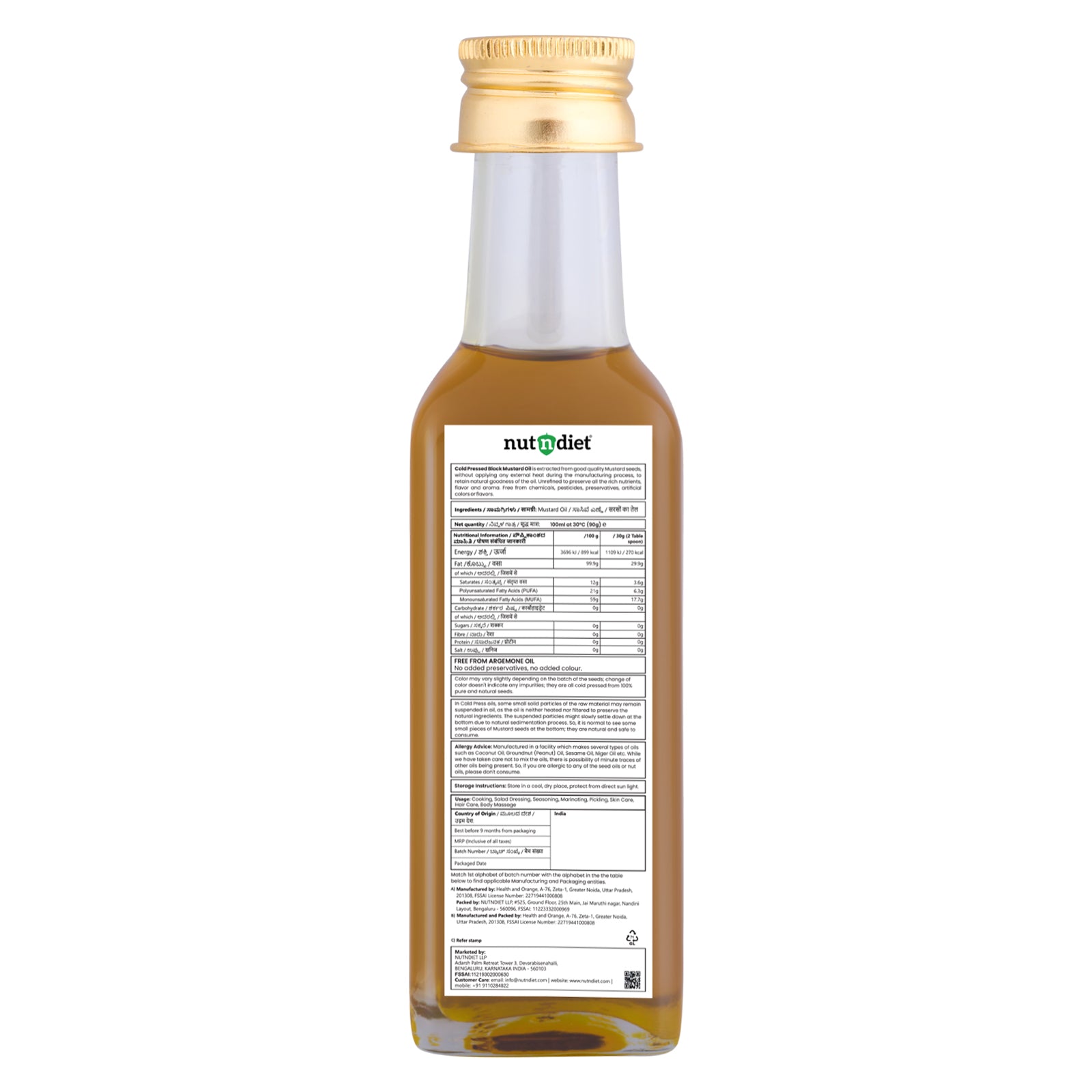 nutndiet Cold Pressed Black Mustard Oil 100ml Glass Bottle - nutndiet
