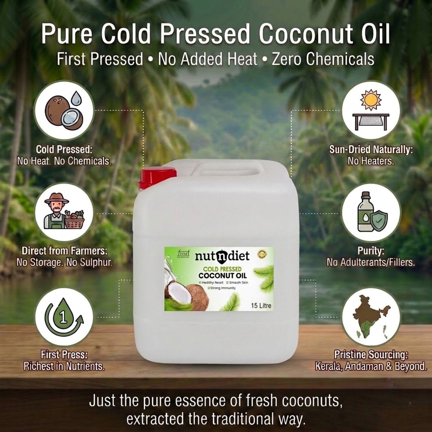 nutndiet Cold Pressed Coconut Oil For Baby Massage, Hair Care, Skin Care And Cooking, CAN 15 Litre - nutndiet
