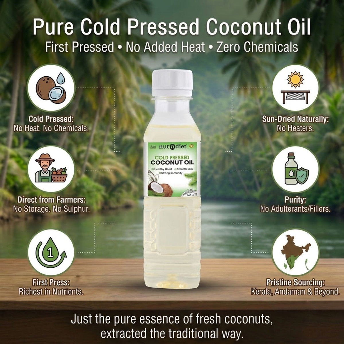 nutndiet Cold Pressed Coconut Oil For Baby Massage, Hair Care, Skin Care And Cooking, PET Bottle 200 ml - nutndiet