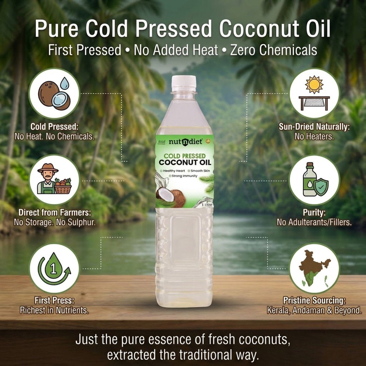 nutndiet Cold Pressed Coconut Oil For Baby Massage, Hair Care, Skin Care And Cooking, PET Bottle 3 Litre (1L X 3) - nutndiet