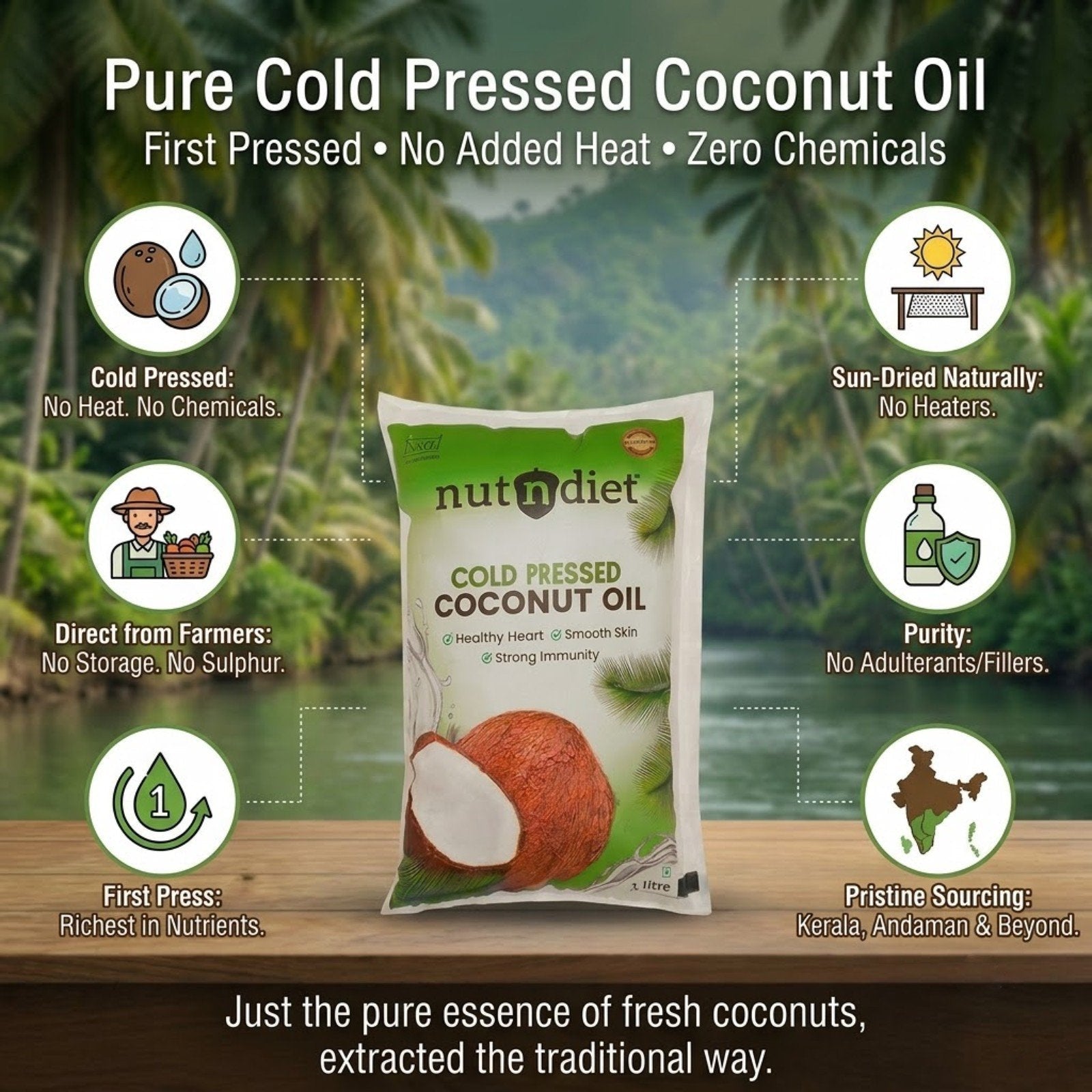 nutndiet Cold Pressed Coconut Oil For Baby Massage, Hair Care, Skin Care And Cooking, Pouch 1 Litre - nutndiet