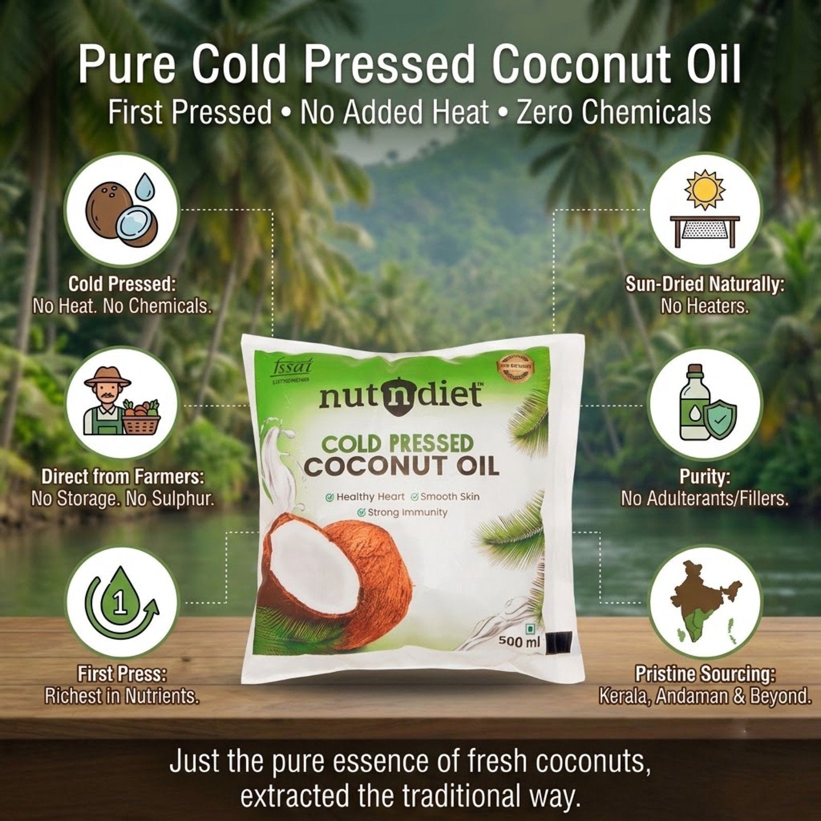 nutndiet Cold Pressed Coconut Oil For Baby Massage, Hair Care, Skin Care And Cooking, Pouch 500ml - nutndiet
