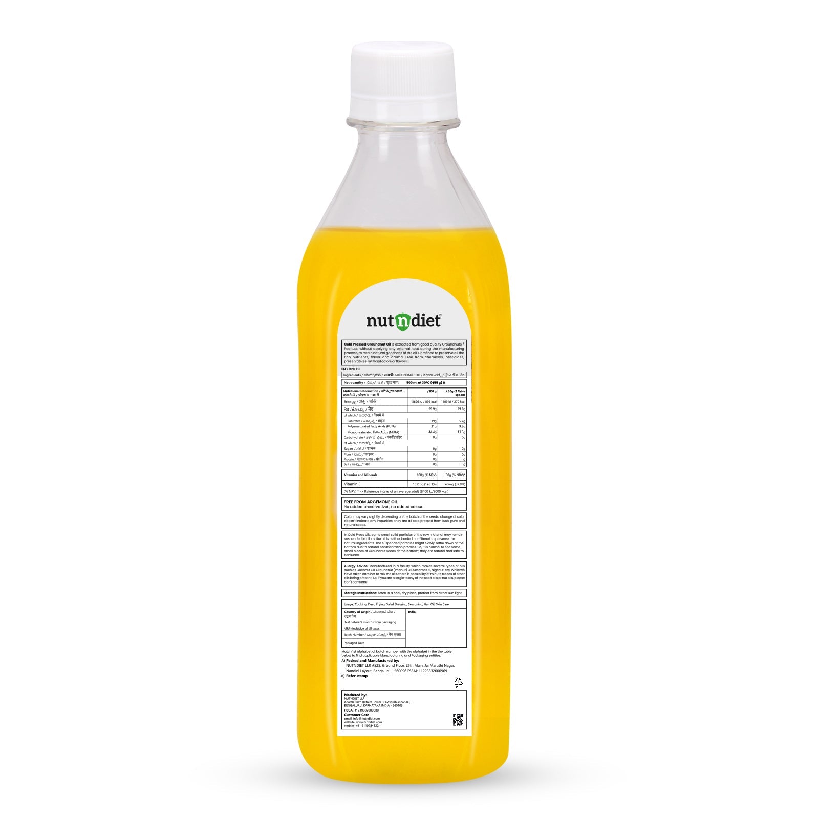 nutndiet Cold Pressed Groundnut Oil 500ml PET Bottle - nutndiet