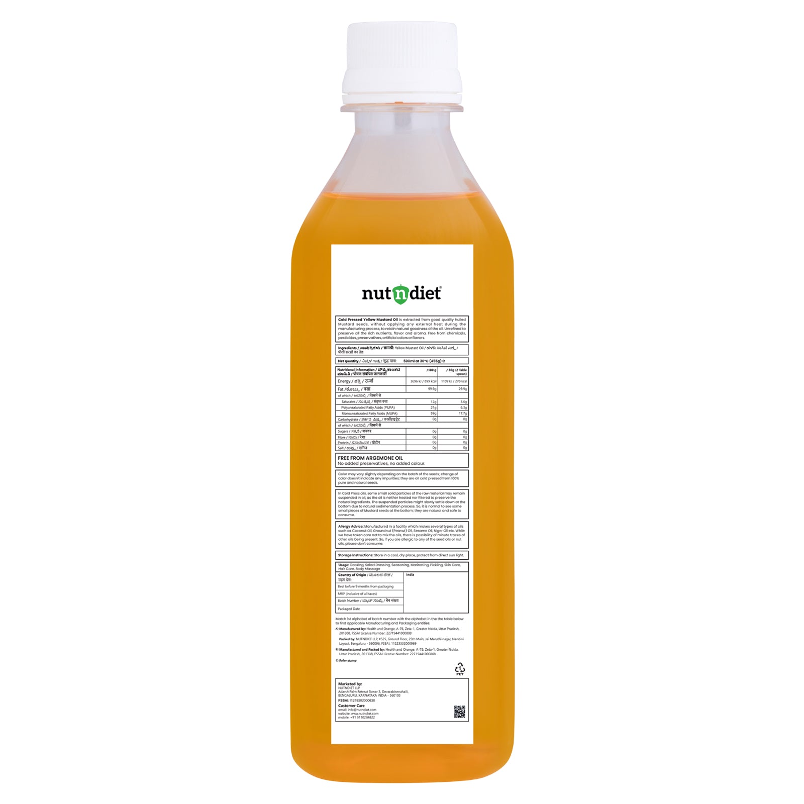nutndiet Cold Pressed Yellow Mustard Oil 500ml PET Bottle - nutndiet