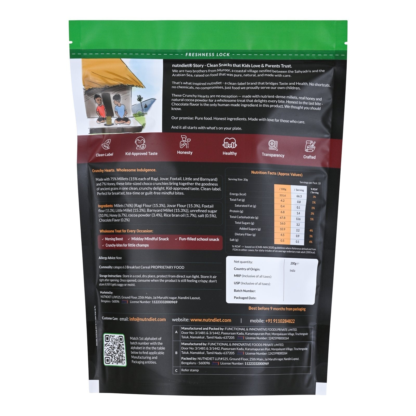 nutndiet® Millet Choco Crunchies | 75% Millets | Clean-label | Gluten-Free | Unrefined Sugar & Pure Honey | Kid-Approved | Parent Trusted | Peace of Mind in a Packet | 200g - nutndiet