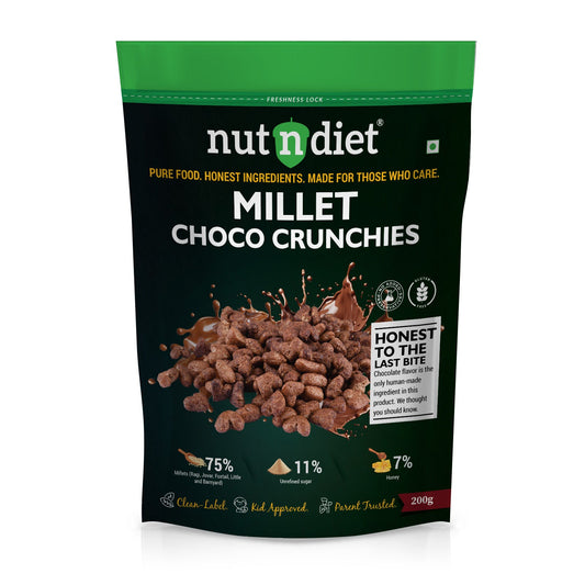 nutndiet® Millet Choco Crunchies | 75% Millets | Clean - label | Gluten - Free | Unrefined Sugar & Pure Honey | Kid - Approved | Parent Trusted | Peace of Mind in a Packet | 200g - nutndiet