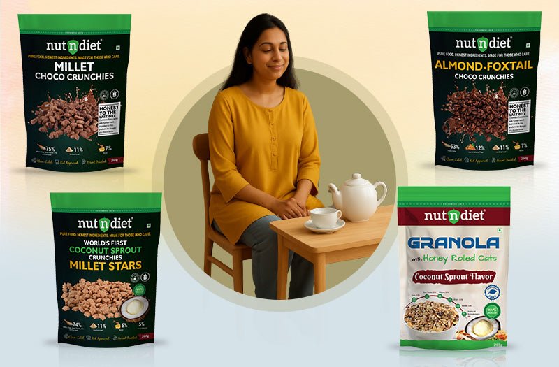 nutndiet® Millet Crunchies - Buy 3 Get 1 Free Combo - Millet Choco (200g) + Millet Coconut Sprout (200g) + Almond Foxtail (200g) + Granola (200g) - Peace of Mind in a Packet - nutndiet