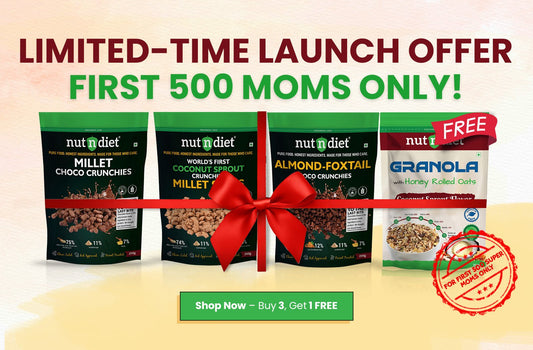 nutndiet® Millet Crunchies - Buy 3 Get 1 Free Combo - Millet Choco (200g) + Millet Coconut Sprout (200g) + Almond Foxtail (200g) + Granola (200g) - Peace of Mind in a Packet - nutndiet