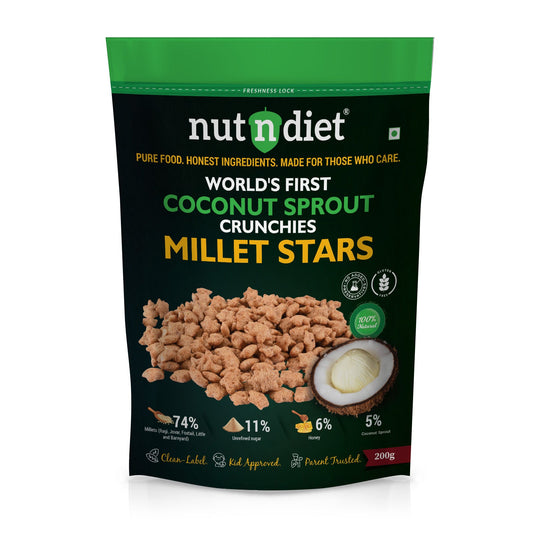 nutndiet® World's First Coconut Sprout Crunchy Millet Stars | 74% Millets | 100% Natural | Clean - label | Gluten - Free | Unrefined Sugar & Pure Honey | Kid - Approved | Parent Trusted | Peace of Mind in a Packet | 200g - nutndiet