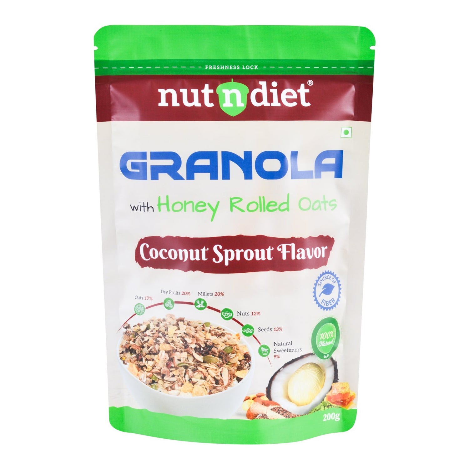 nutndiet® World’s First Coconut Sprout Granola | Honey Rolled Oats, Millets, Dry Fruits, Nuts & Seeds | 100% Natural, No Refined Sugar | Clean - Label Healthy Breakfast Cereal & Snack (200g) - nutndiet