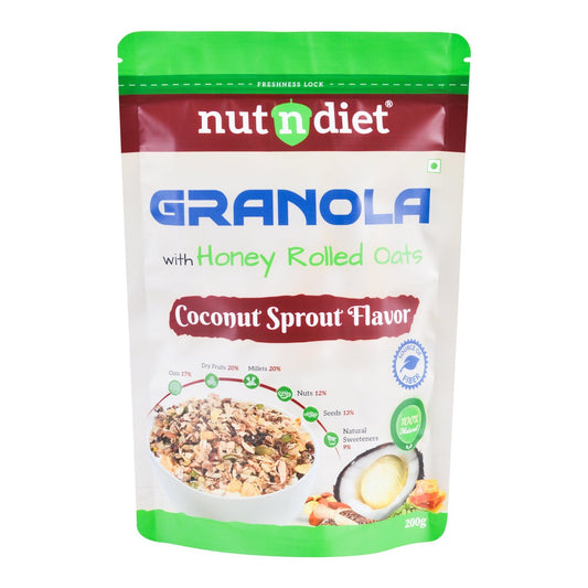 nutndiet® World’s First Coconut Sprout Granola | Honey Rolled Oats, Millets, Dry Fruits, Nuts & Seeds | 100% Natural, No Refined Sugar | Clean - Label Healthy Breakfast Cereal & Snack (200g) - nutndiet