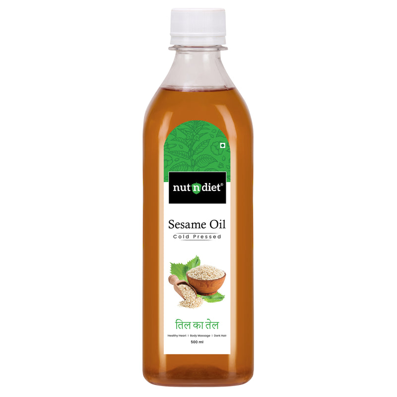 nutndiet Cold Pressed Sesame Oi (100% Cold Pressed (Kacchi Ghani) usingCold press Kolhu/Chekku) (Til ka Tel | तिल का तेल |Ellenne | ಎಳ್ಳೆಣ್ಣೆ) | Can (500ml)