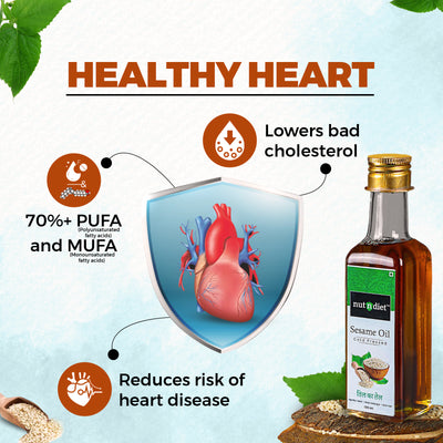 nutndiet Cold Pressed Sesame Oil, Heart Healthy Edible Til ka Tel for Cooking, Body Massage and Hair Care,  Glass Bottle 100ml