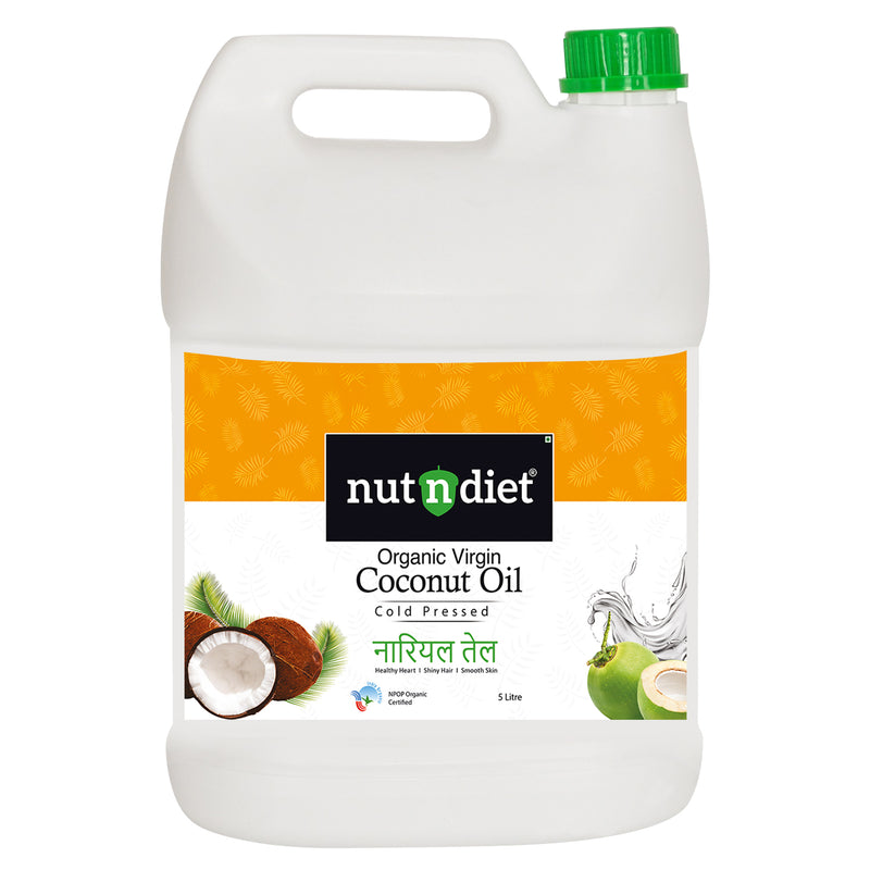 nutndiet Extra Virgin Coconut Oil Cold Pressed, Pure Organic Coconut Oil For Baby Massage, Hair Care, Skin Care And Cooking, CAN 5 Litre