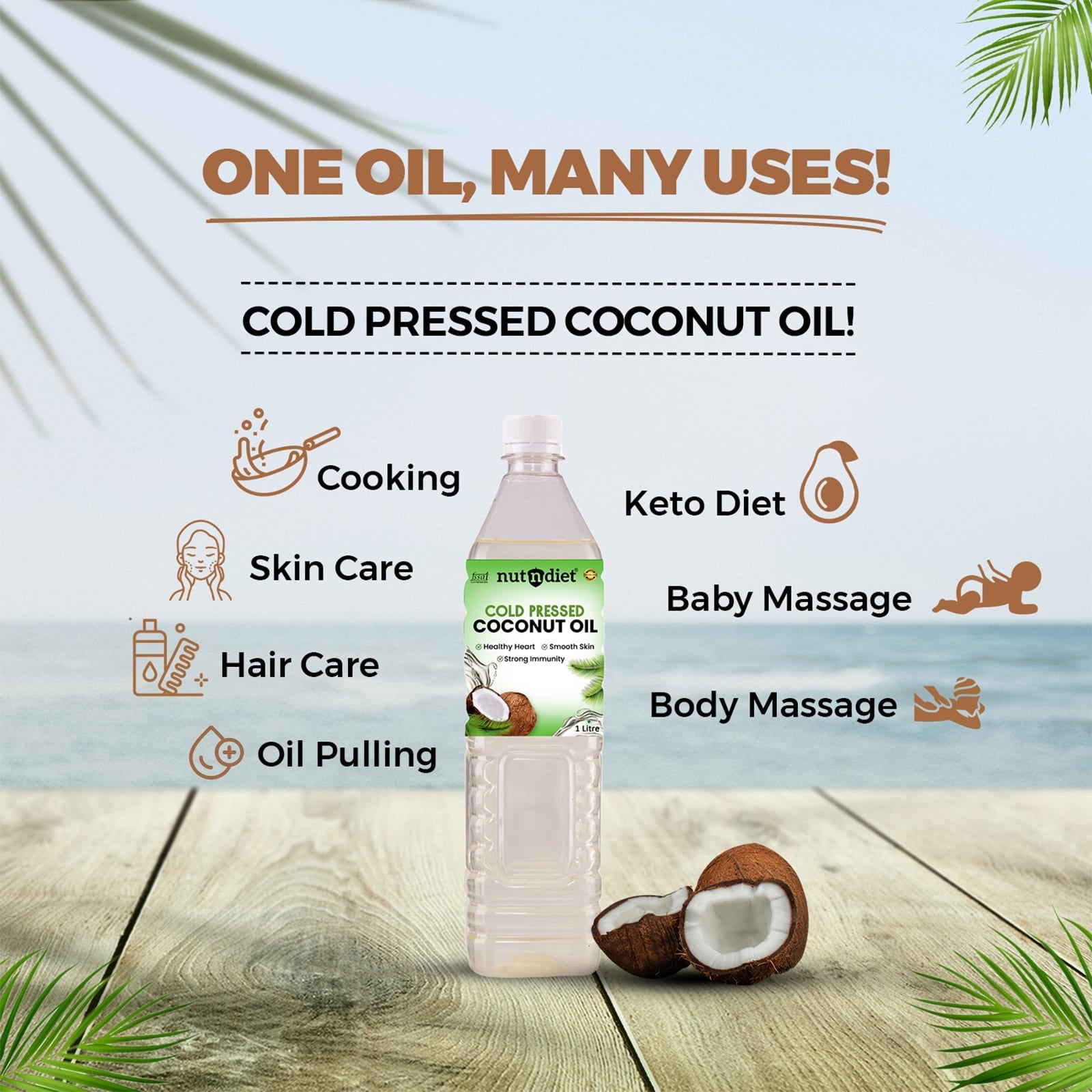 nutndiet Cold Pressed Coconut Oil For Baby Massage, Hair Care, Skin Care And Cooking, Pouch 1 Litre - nutndiet