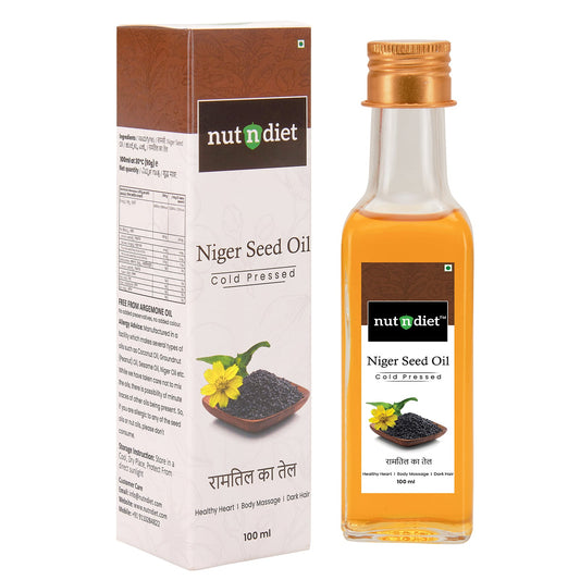 nutndiet Cold Pressed Niger Seed Oil, Heart Healthy Edible Ramtil ka Tel for Cooking, Body Massage and Hair Care, Glass Bottle 100ml - nutndiet