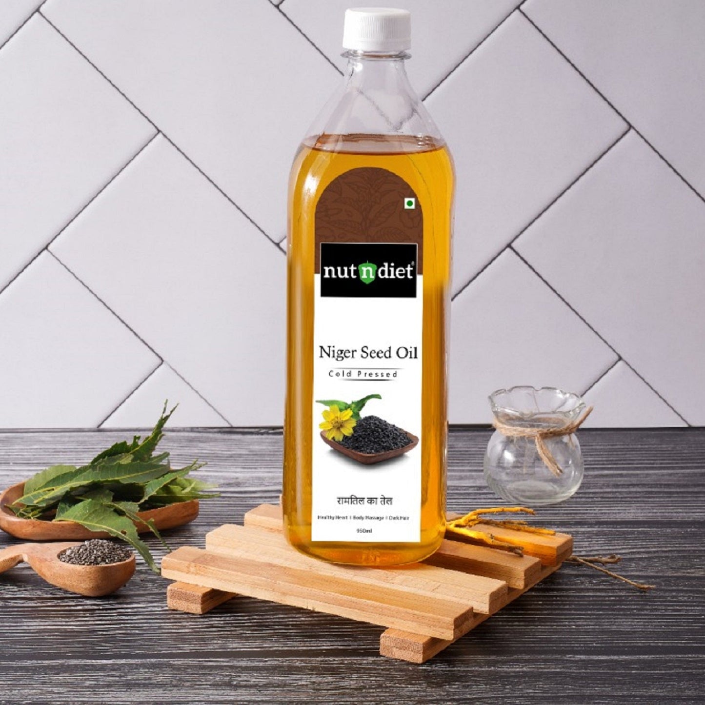nutndiet Cold Pressed Niger Seed Oil, Heart Healthy Edible Ramtil ka Tel for Cooking, Body Massage and Hair Care, PET Bottle 950ml - nutndiet