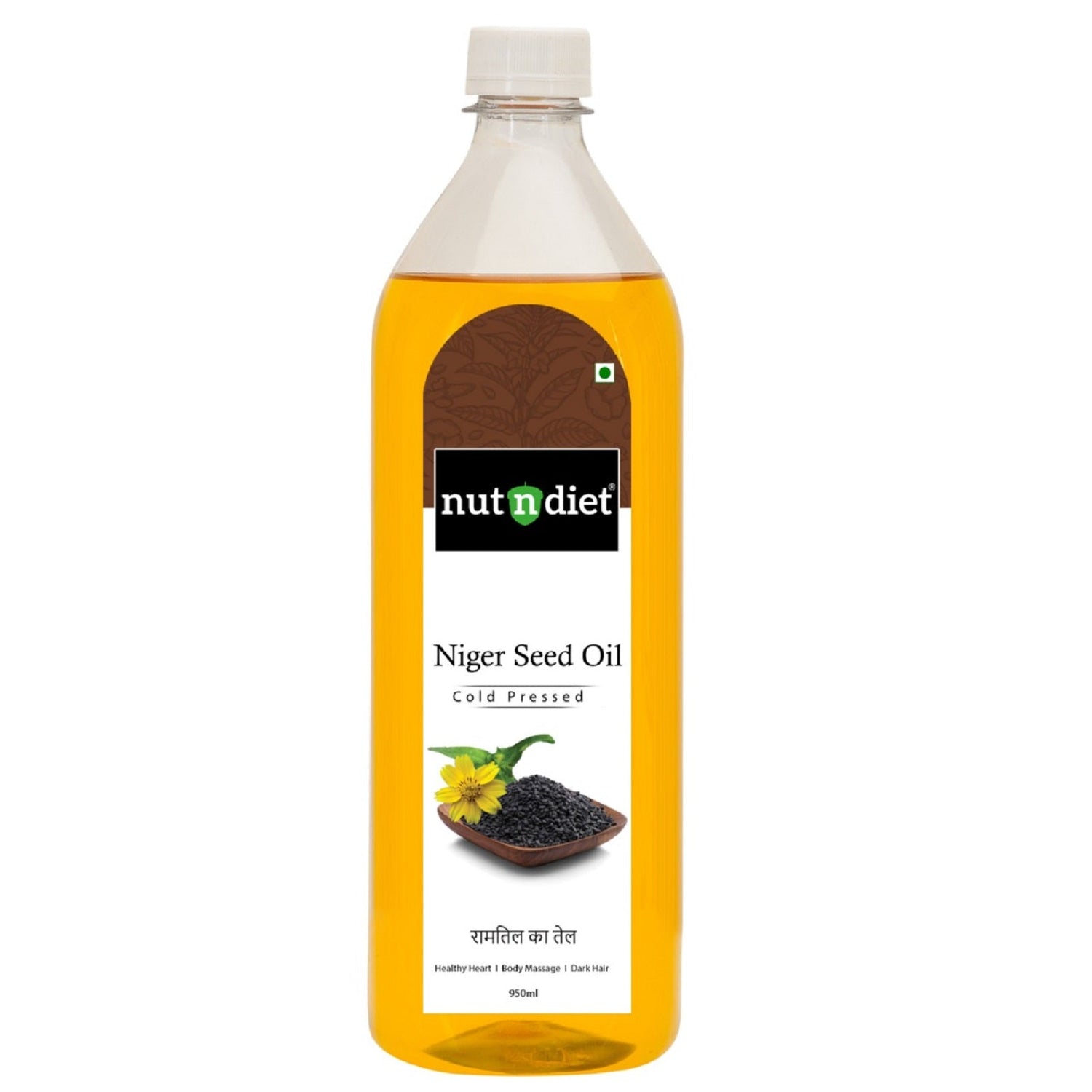 nutndiet Cold Pressed Niger Seed Oil, Heart Healthy Edible Ramtil ka Tel for Cooking, Body Massage and Hair Care, PET Bottle 950ml - nutndiet