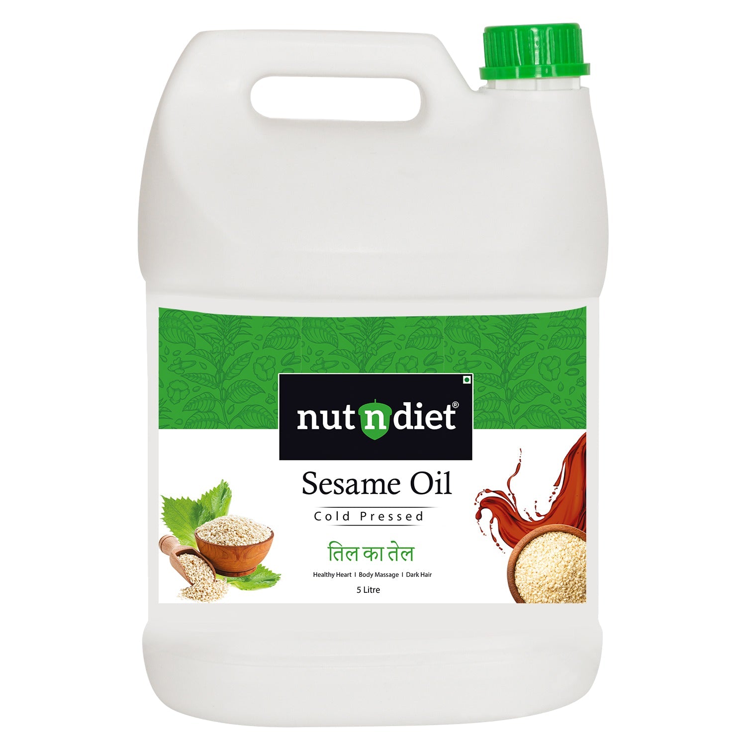 nutndiet Cold Pressed Sesame Oil, Heart Healthy Edible Til ka Tel for Cooking, Body Massage and Hair Care, CAN 5 Litre - nutndiet