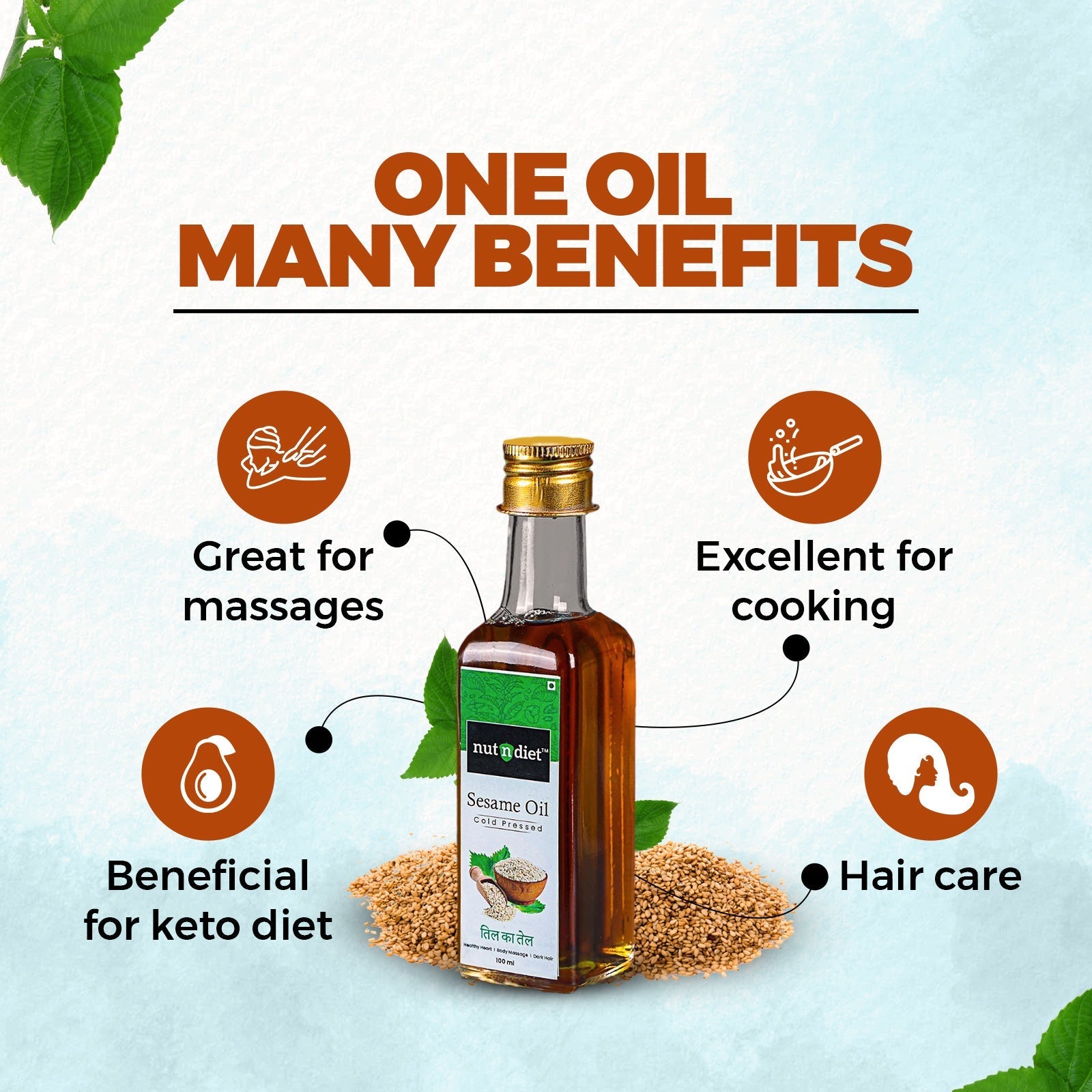 nutndiet Cold Pressed Sesame Oil, Heart Healthy Edible Til ka Tel for Cooking, Body Massage and Hair Care, CAN 5 Litre - nutndiet