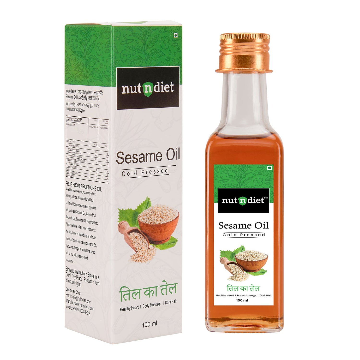 nutndiet Cold Pressed Sesame Oil, Heart Healthy Edible Til ka Tel for Cooking, Body Massage and Hair Care, Glass Bottle 100ml - nutndiet