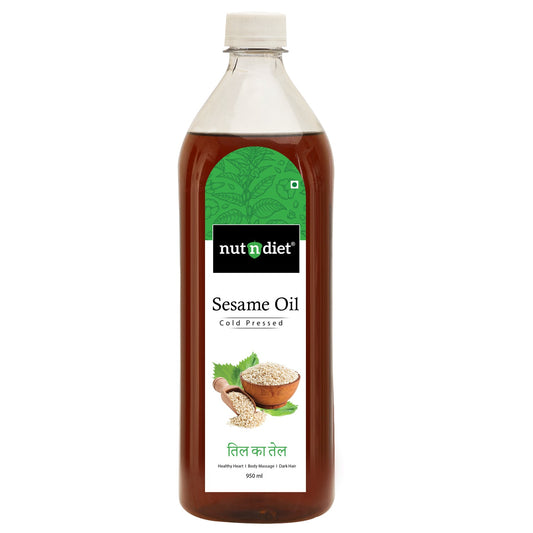 nutndiet Cold Pressed Sesame Oil, Heart Healthy Edible Til ka Tel for Cooking, Body Massage and Hair Care, PET Bottle 950ml - nutndiet