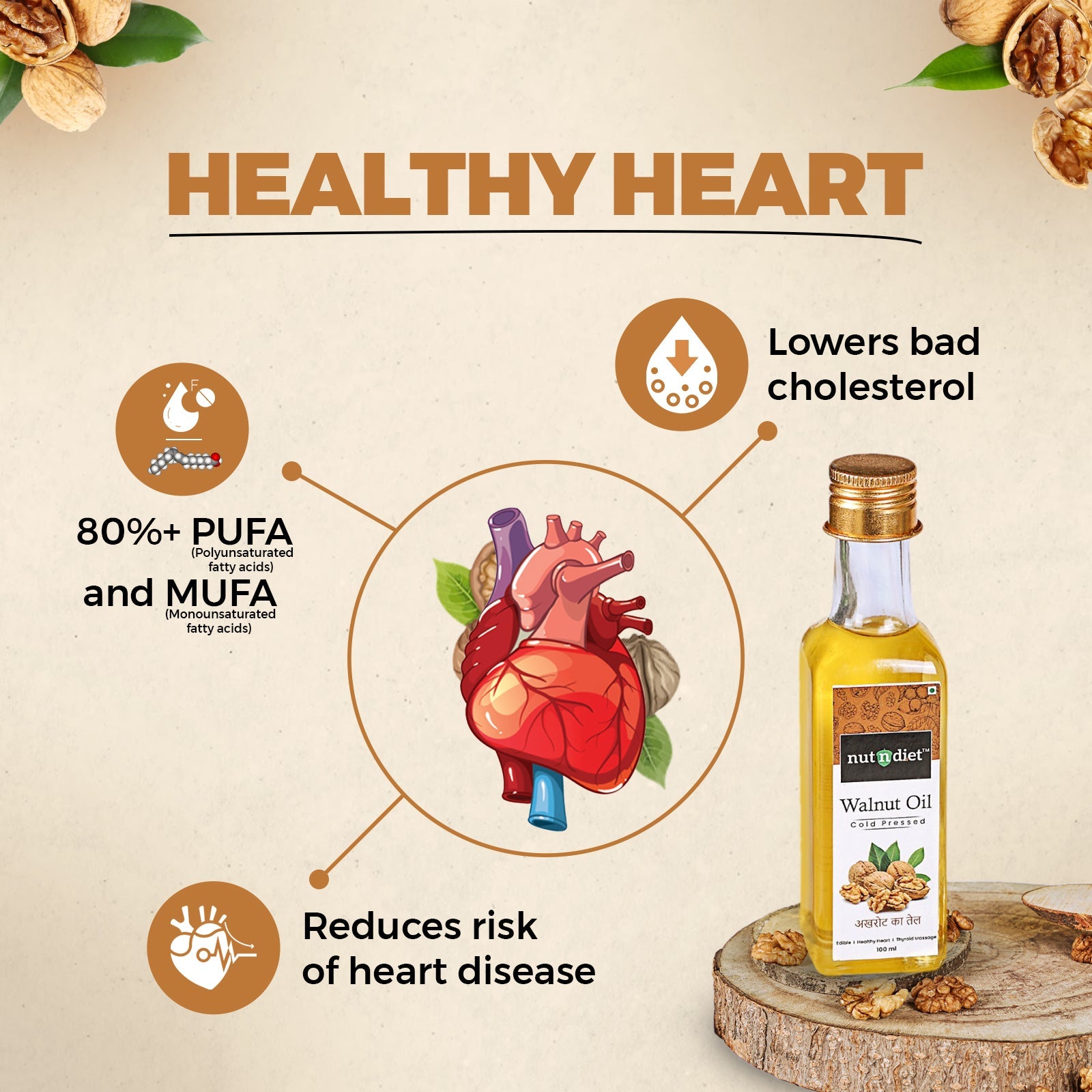 nutndiet Cold Pressed Walnut Oil, Pure Edible Akhrot Ka Tel, Glass Bottle 100ml - nutndiet