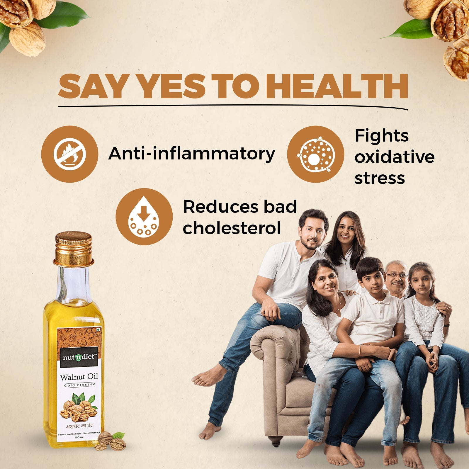 nutndiet Cold Pressed Walnut Oil, Pure Edible Akhrot Ka Tel, Glass Bottle 100ml - nutndiet
