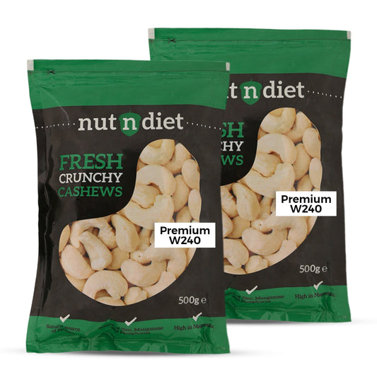 nutndiet Fresh Crunchy Premium Cashews 1kg (500g x 2 Packs), W240 Grade big size quality cashew nuts (kaju 1kg W240) - nutndiet