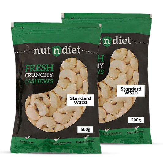 nutndiet Fresh Crunchy Standard Cashews 1kg (500g x 2 Packs), W320 Grade medium size quality cashew nuts (kaju 1kg W320) - nutndiet