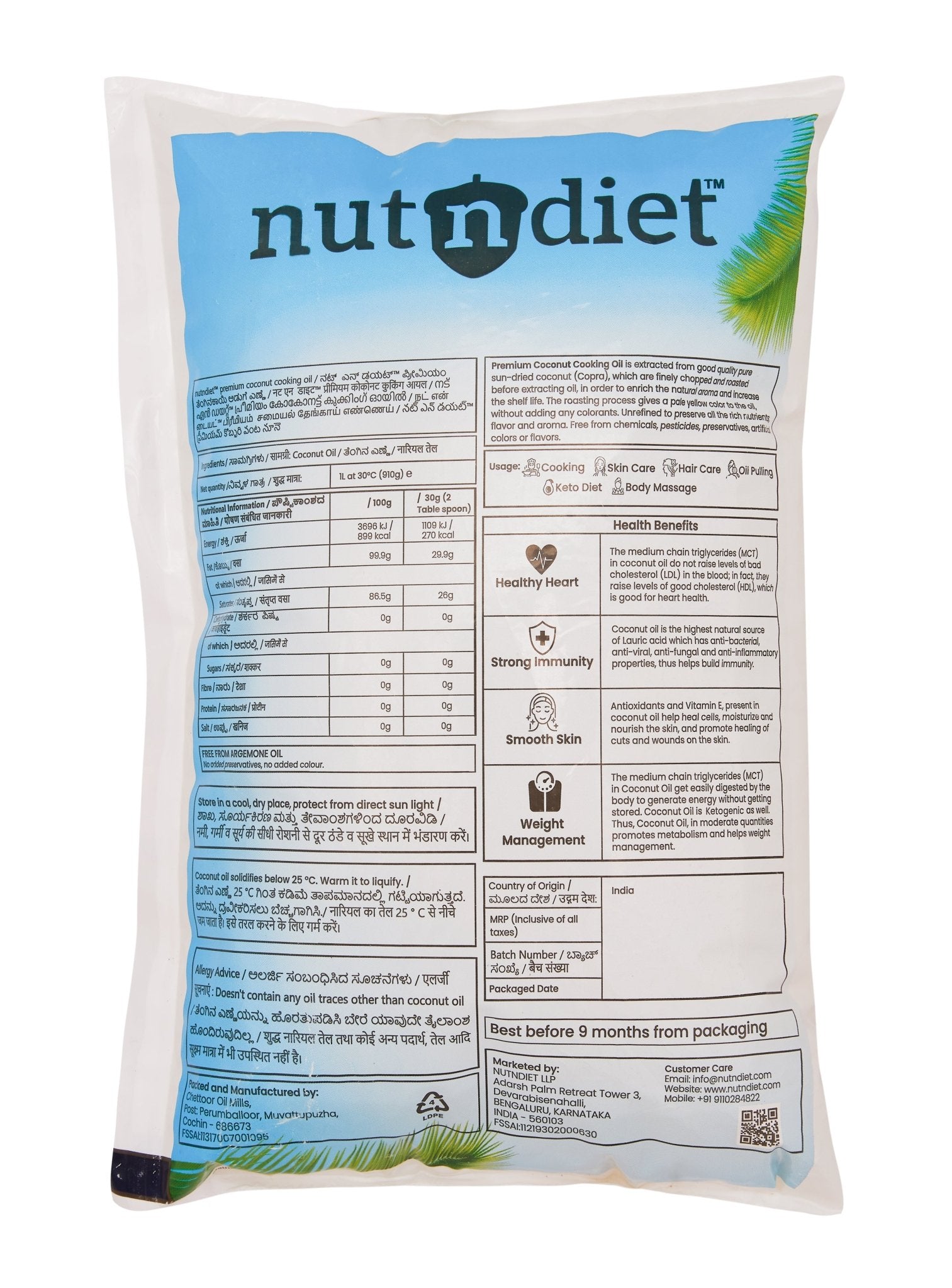 nutndiet Premium Edible Coconut Oil For Cooking, Pouch 1 Litre - nutndiet