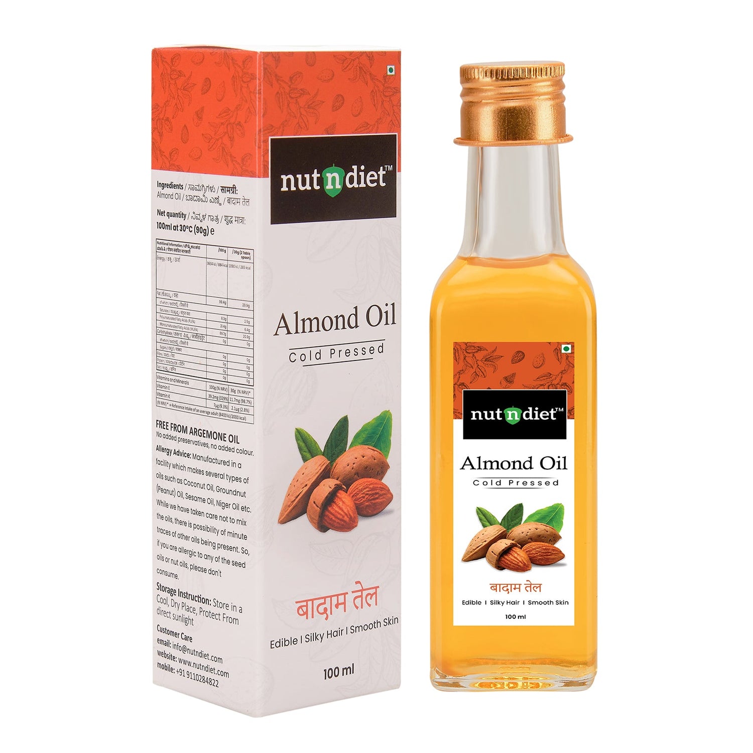 nutndiet Sweet Almond Oil, Pure Cold Pressed Edible Badam Tel, Glass Bottle 100ml - nutndiet
