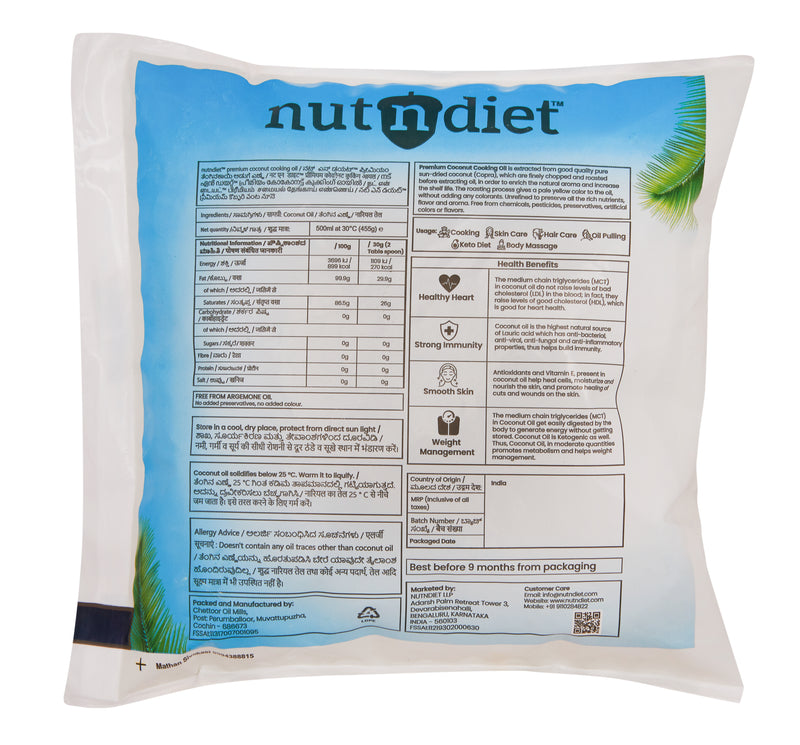 nutndiet Premium Edible Coconut Oil For Cooking,  Pouch 500ml